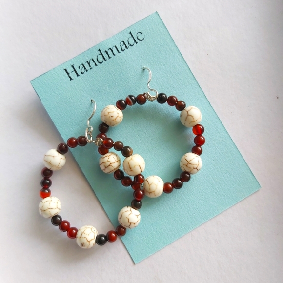 White Howlite and Carnelian Earrings - Picture 1 of 2